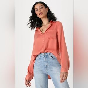 Dreamy Refinement Rusty Rose Satin Long Sleeve Top $30